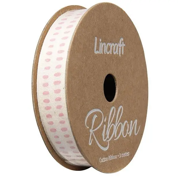 Baby Pink Cotton Ribbon With Polka Dots – 15Mm Width, 3-Metre Roll 1