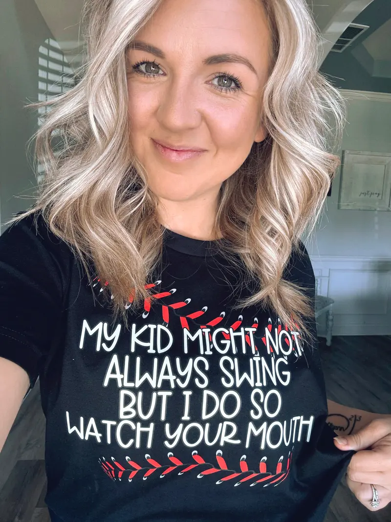 Baseball Mom Tumbler – "My Kid Might Not Swing" Humor Design 1
