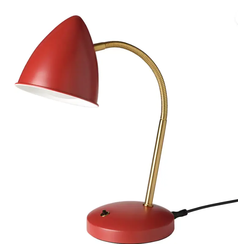 Isnålen Adjustable Led Task Lamp – Red Body With Brass-Tone Accents 1