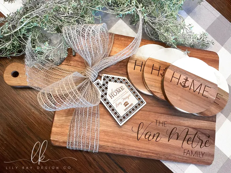 Personalized Gift Set: Wooden Serving Board, Coaster Set, And Custom Keepsake Tag 1