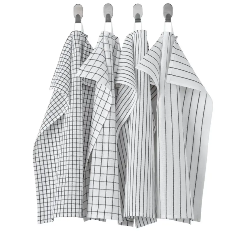 Rinnig Absorbent Cotton Tea Towels – Set Of 4, White & Charcoal Grey With Geometric Patterns, 45X60 Cm 1