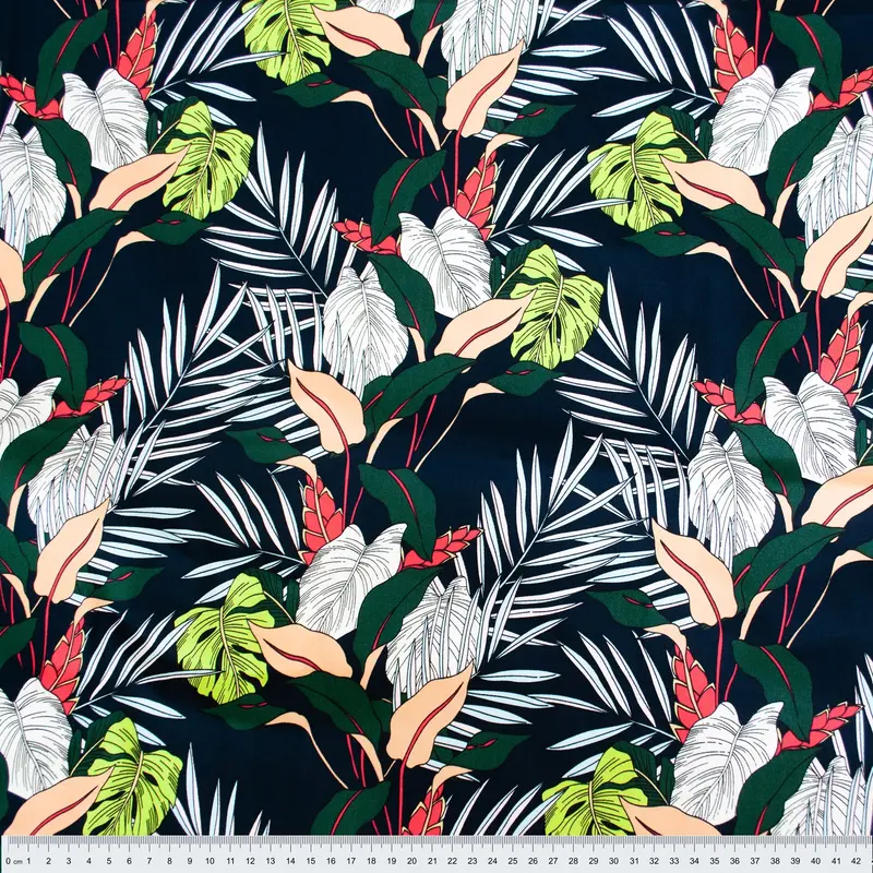 Stretch Cotton Sateen Fabric – Fern And Navy Floral Print, 148 Cm Width 1